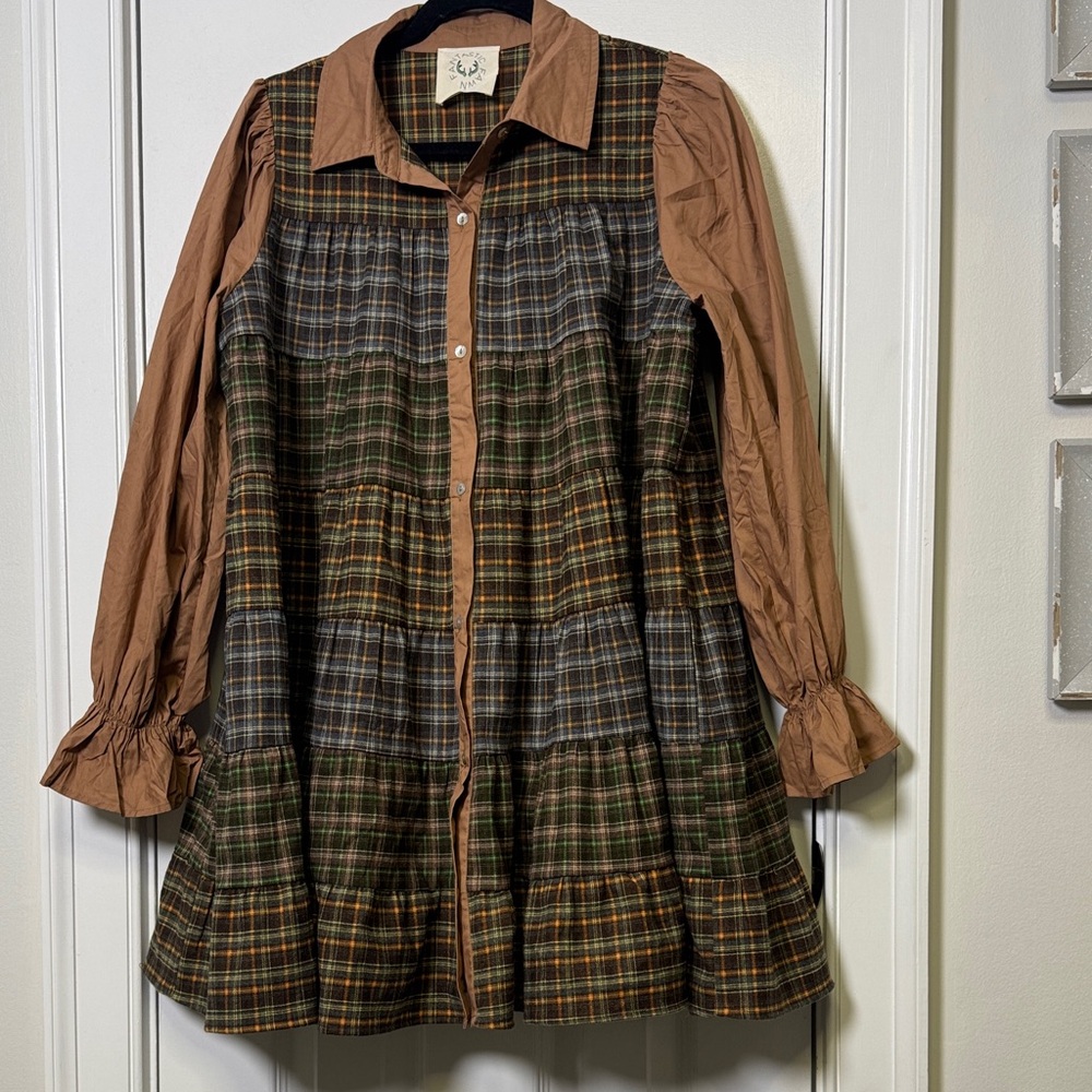 Fantastic Fawn Catching Feelings Plaid Flannel Dress Shacket Oversized NWOT S - Picture 9 of 12